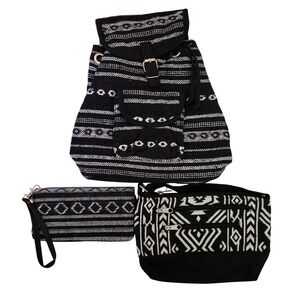 Woven Geometric Boho 3pc Bag Set Mini Backpack Crossbody Wristlet Black White
